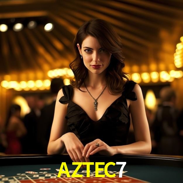 Una escena digital vívida inspirada en casino con AZTEC7 mostrado prominentemente, luces brillantes, fichas, cartas y acentos dorados.