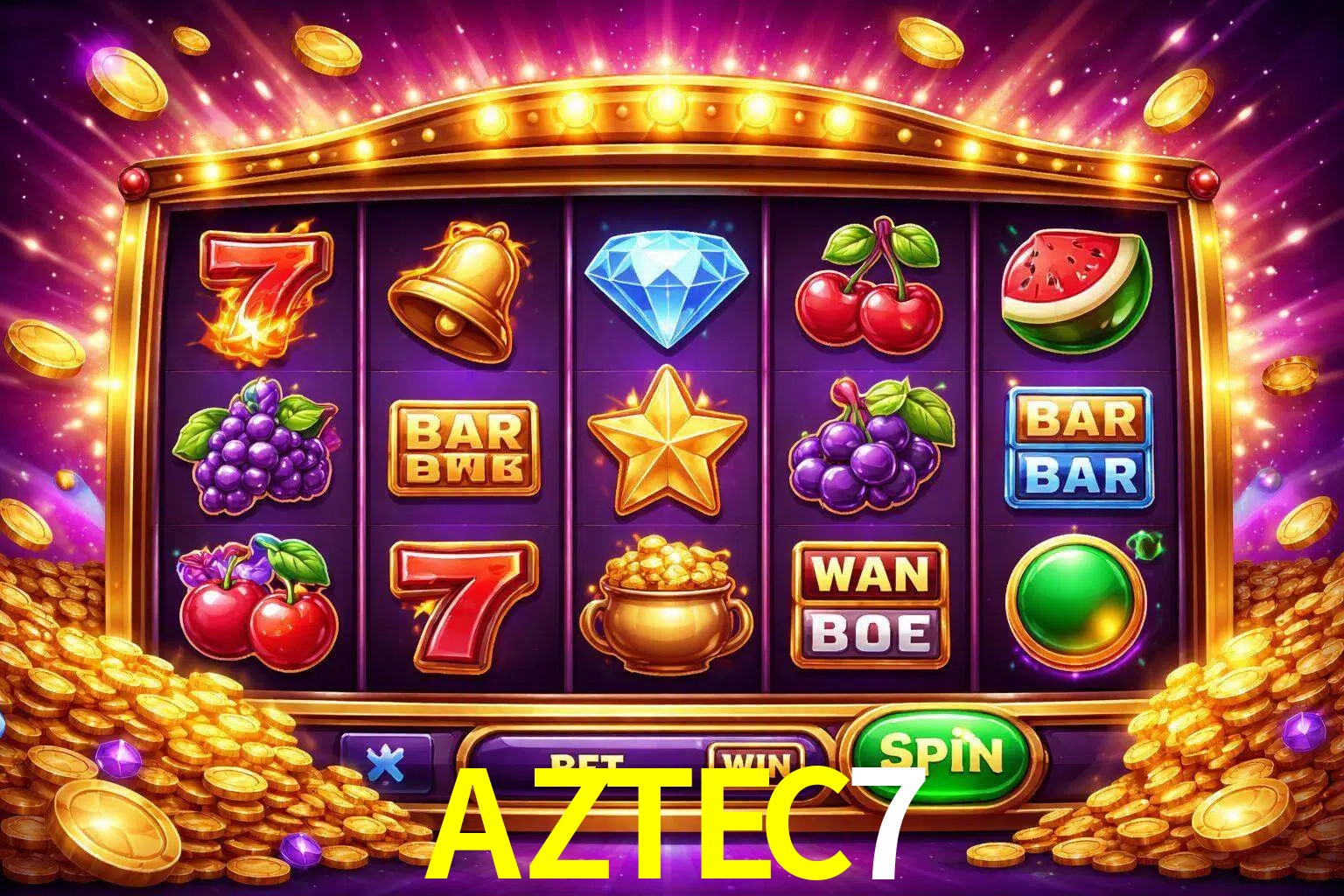 Una interfaz colorida de tragamonedas en línea con símbolos brillantes, monedas y un efecto de victoria celebratoria en AZTEC7.