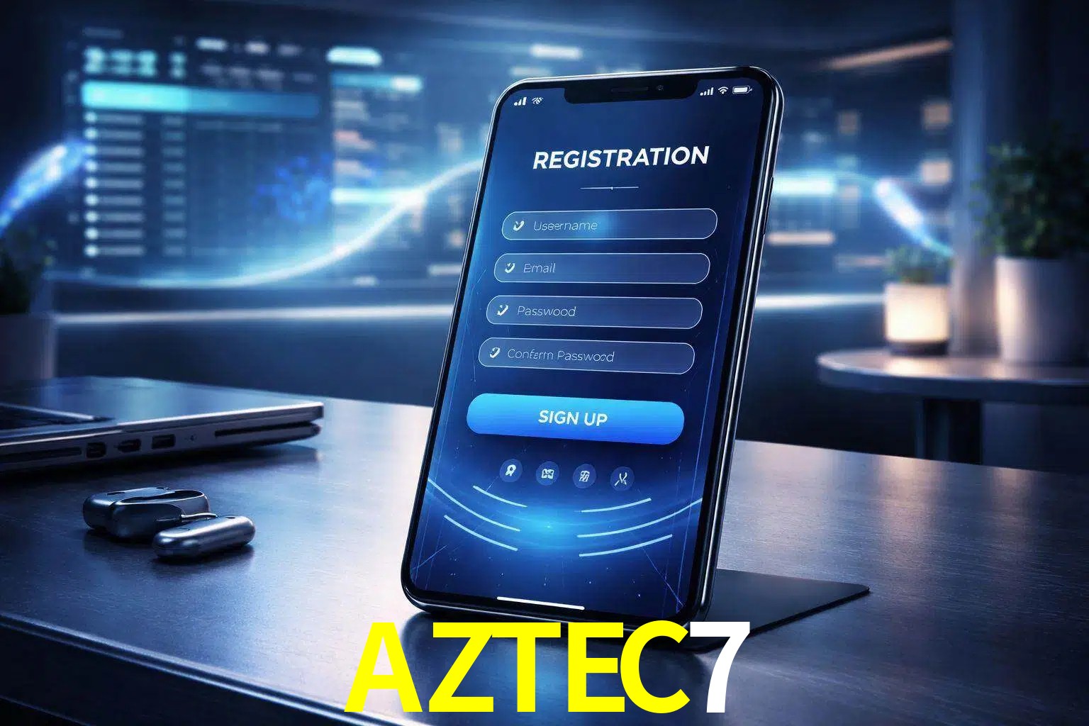 Una interfaz moderna de registro móvil para AZTEC7 mostrada en un smartphone con un panel de apuestas elegante.